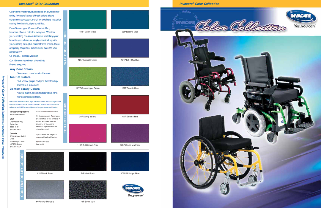 Invacare specifications Invacare Color Collection, Way Cool Colors, Too Hot Colors, Contemporary Colors, Usa 