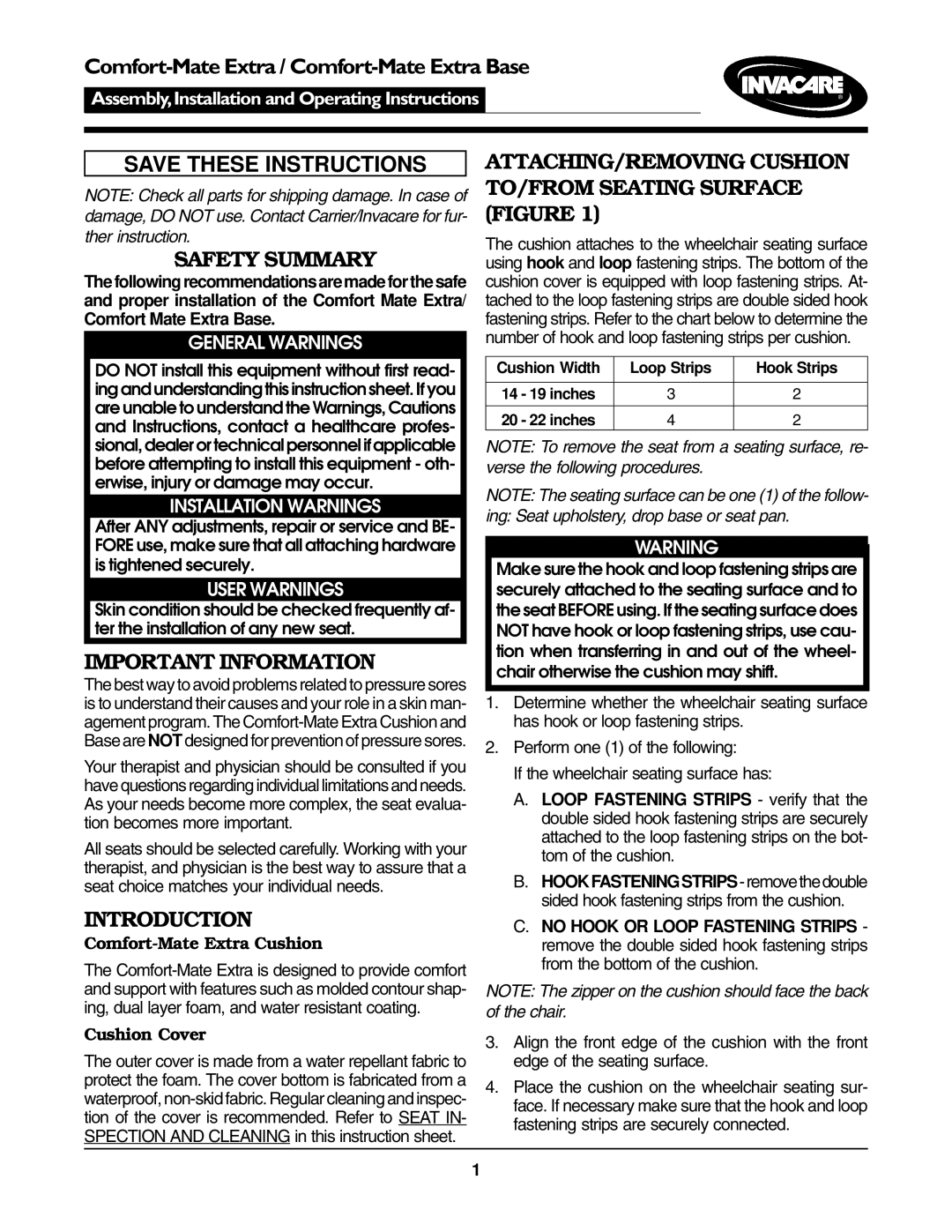 Invacare Comfort-Mate Extra / Comfort-Mate Extra Base operating instructions Safety Summary, Important Information 