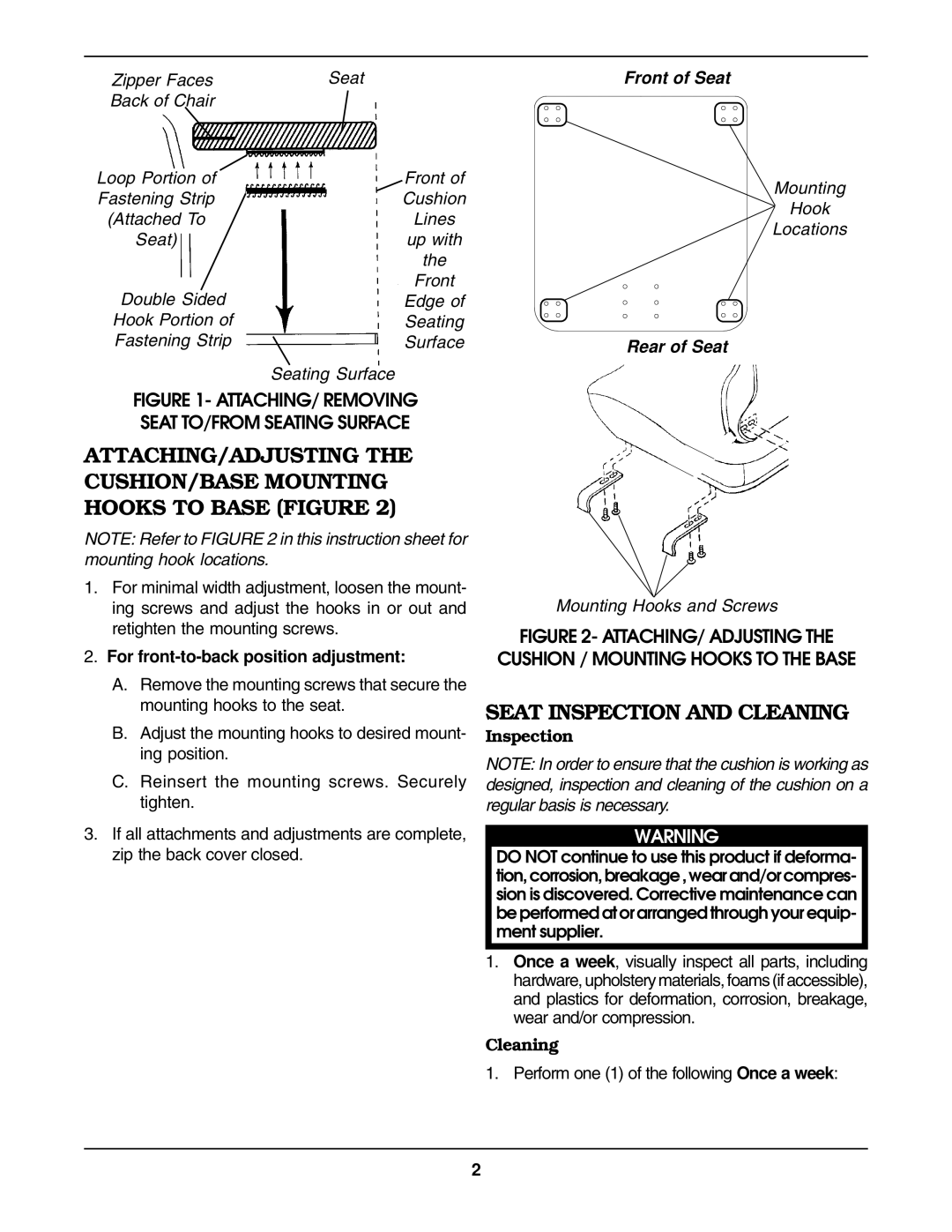 Invacare Comfort-Mate Extra / Comfort-Mate Extra Base operating instructions Seat Inspection and Cleaning 