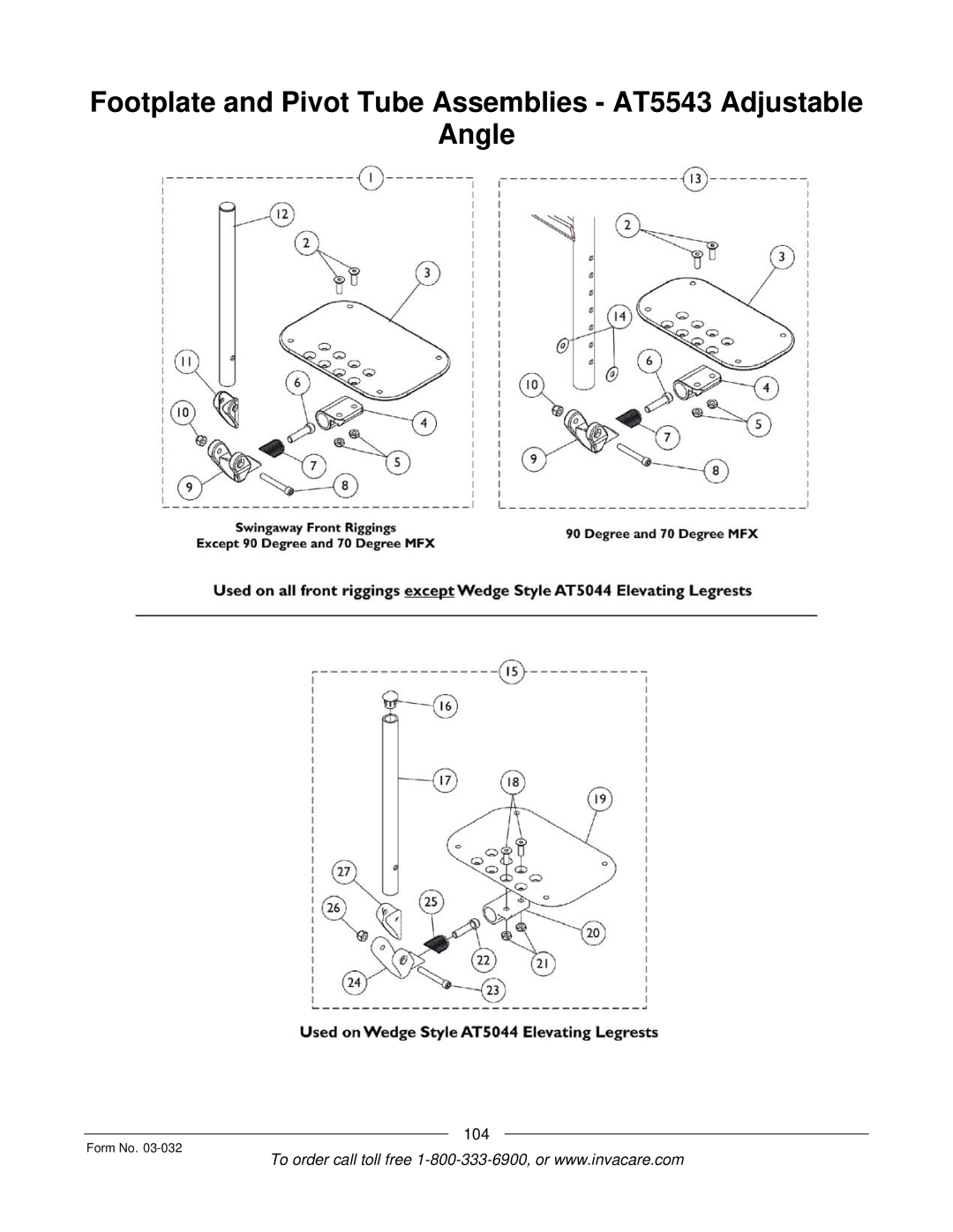 Invacare Compass SPT manual Footplate and Pivot Tube Assemblies AT5543 Adjustable Angle 