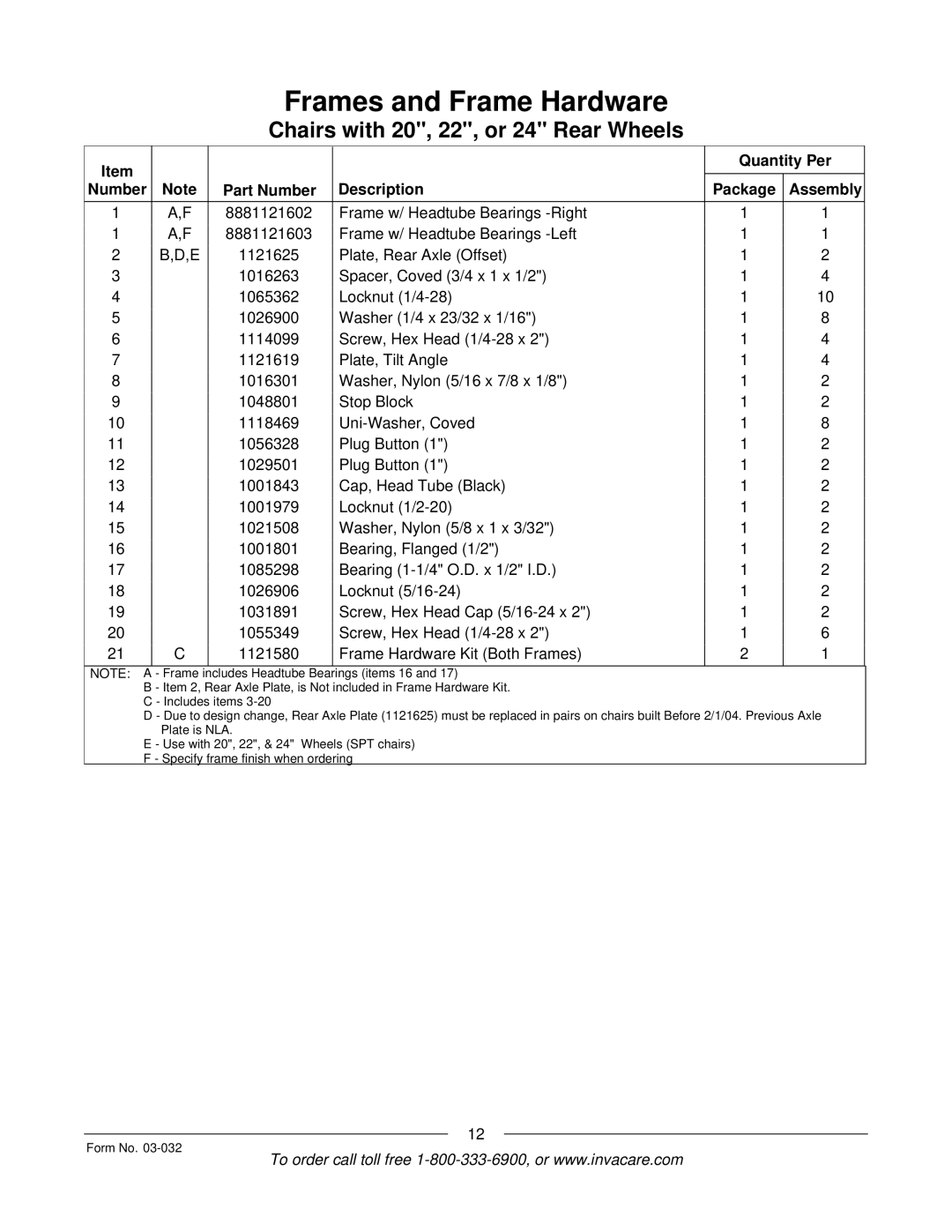 Invacare Compass SPT manual Frames and Frame Hardware 