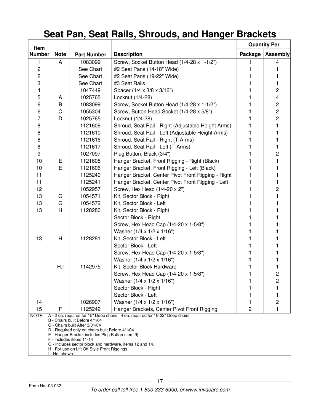 Invacare Compass SPT manual Quantity Per Number Part Number Description Package Assembly 