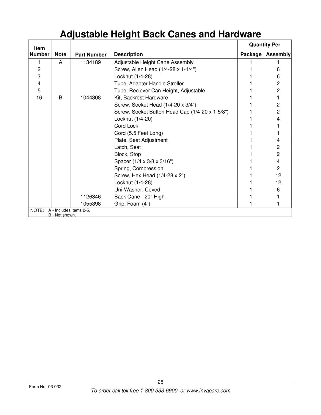 Invacare Compass SPT manual Items Not shown Form No 