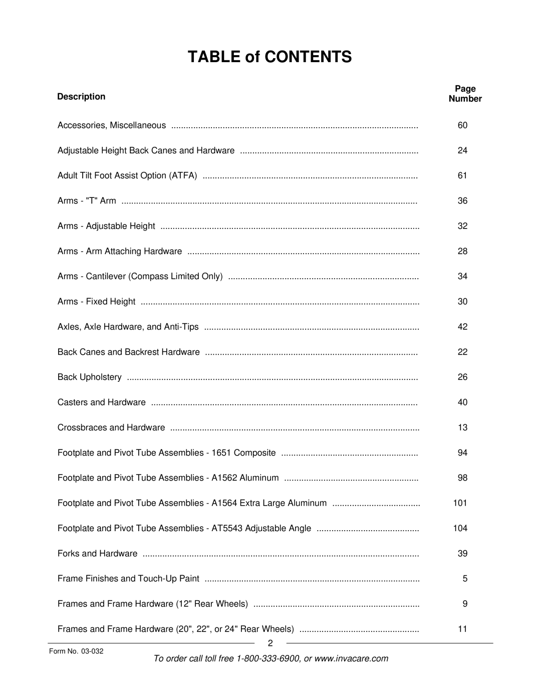 Invacare Compass SPT manual Table of Contents 