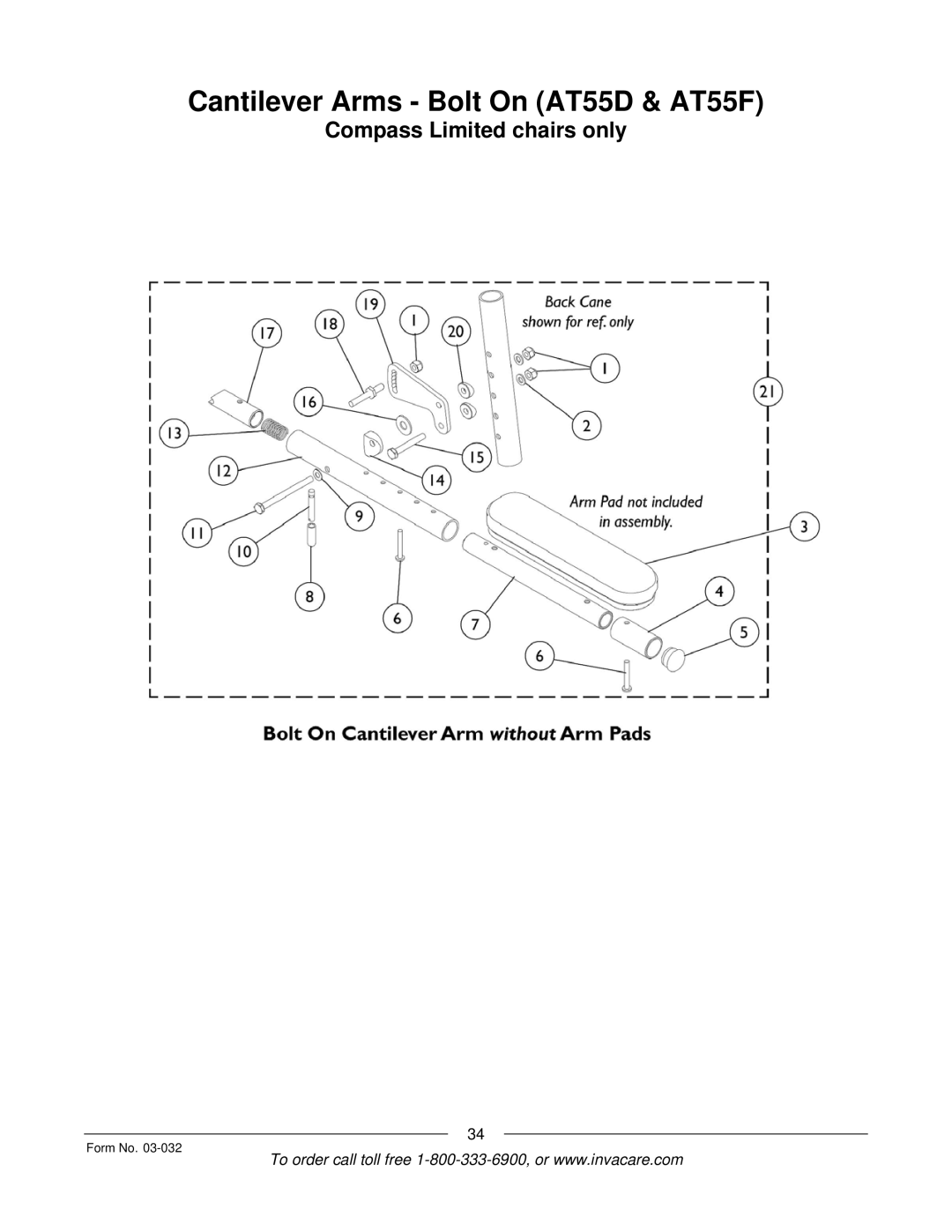 Invacare Compass SPT manual Cantilever Arms Bolt On AT55D & AT55F 