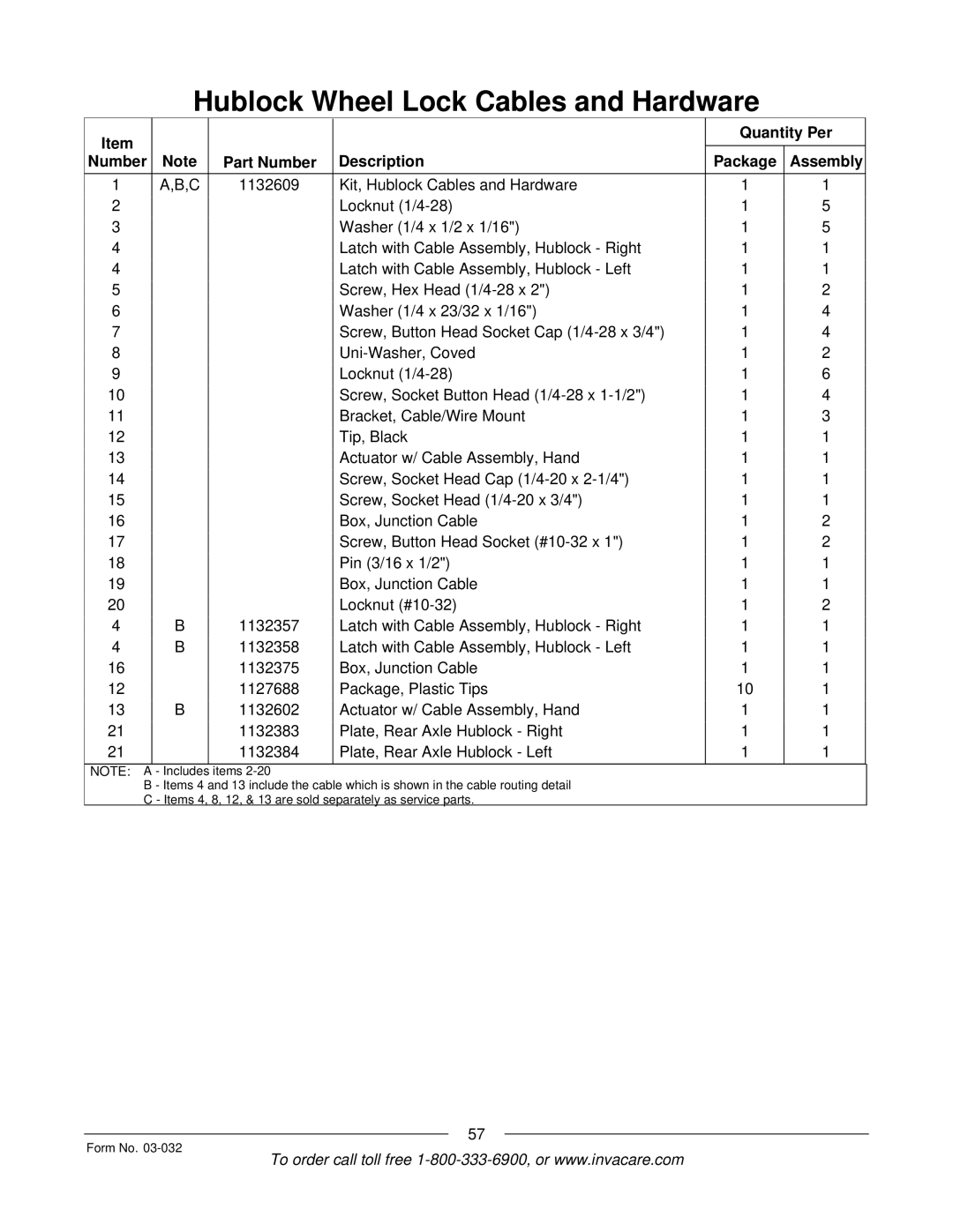 Invacare Compass SPT manual Quantity Per Number Part Number Description Package Assembly 