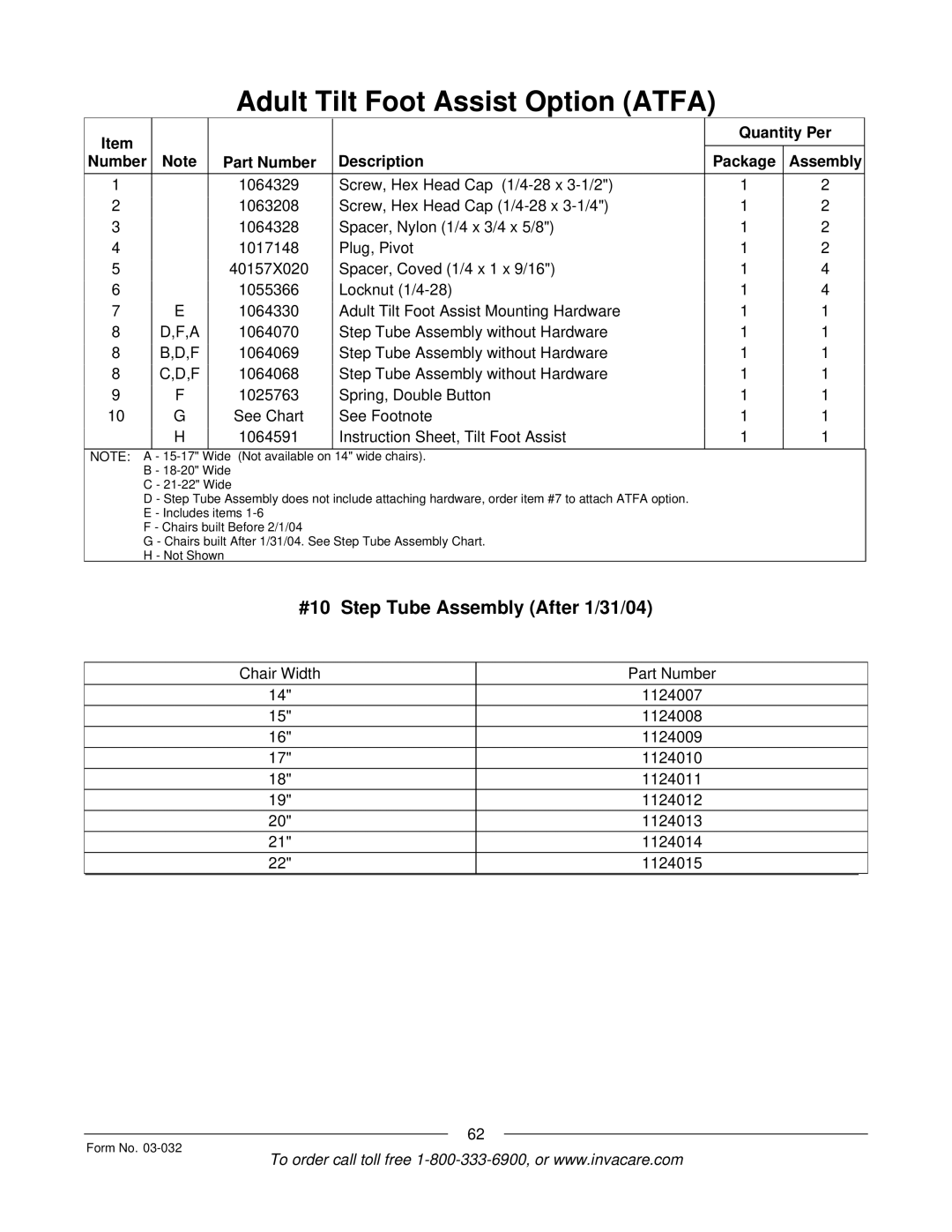 Invacare Compass SPT manual #10 Step Tube Assembly After 1/31/04, Number Part Number Description Package Assembly 