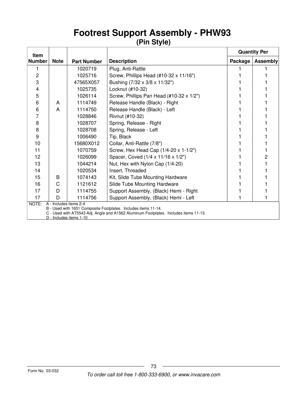 Invacare Compass SPT manual Quantity Per Number Part Number Description Package Assembly 