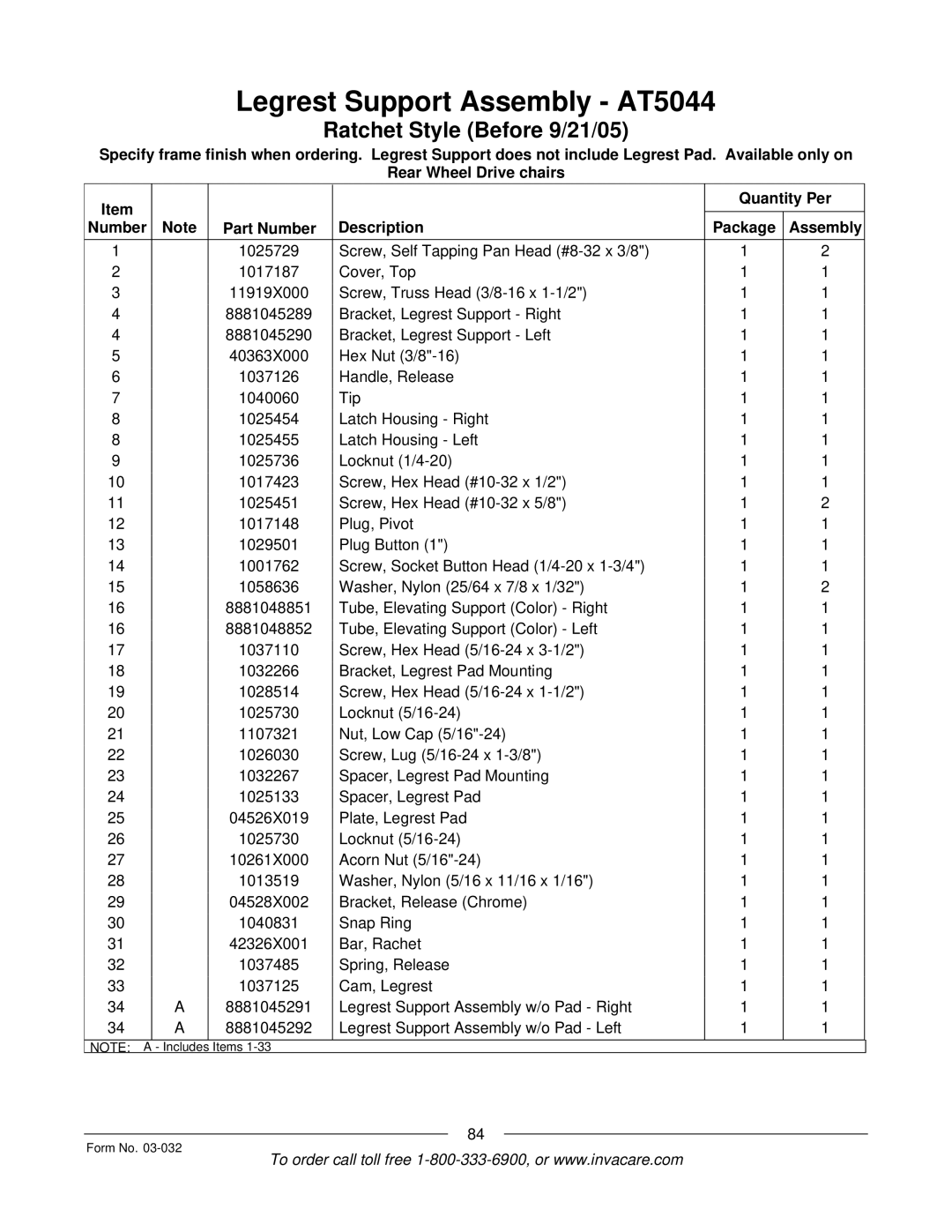 Invacare Compass SPT manual Items Form No 