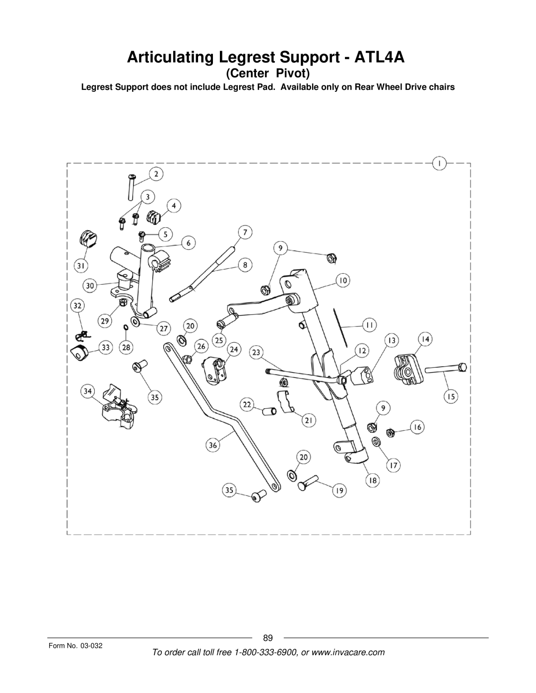 Invacare Compass SPT manual Articulating Legrest Support ATL4A, Center Pivot 