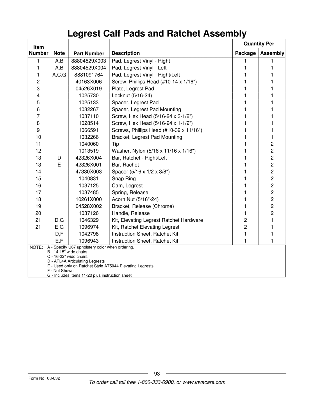 Invacare Compass SPT manual Quantity Per Number Part Number Description Package Assembly 