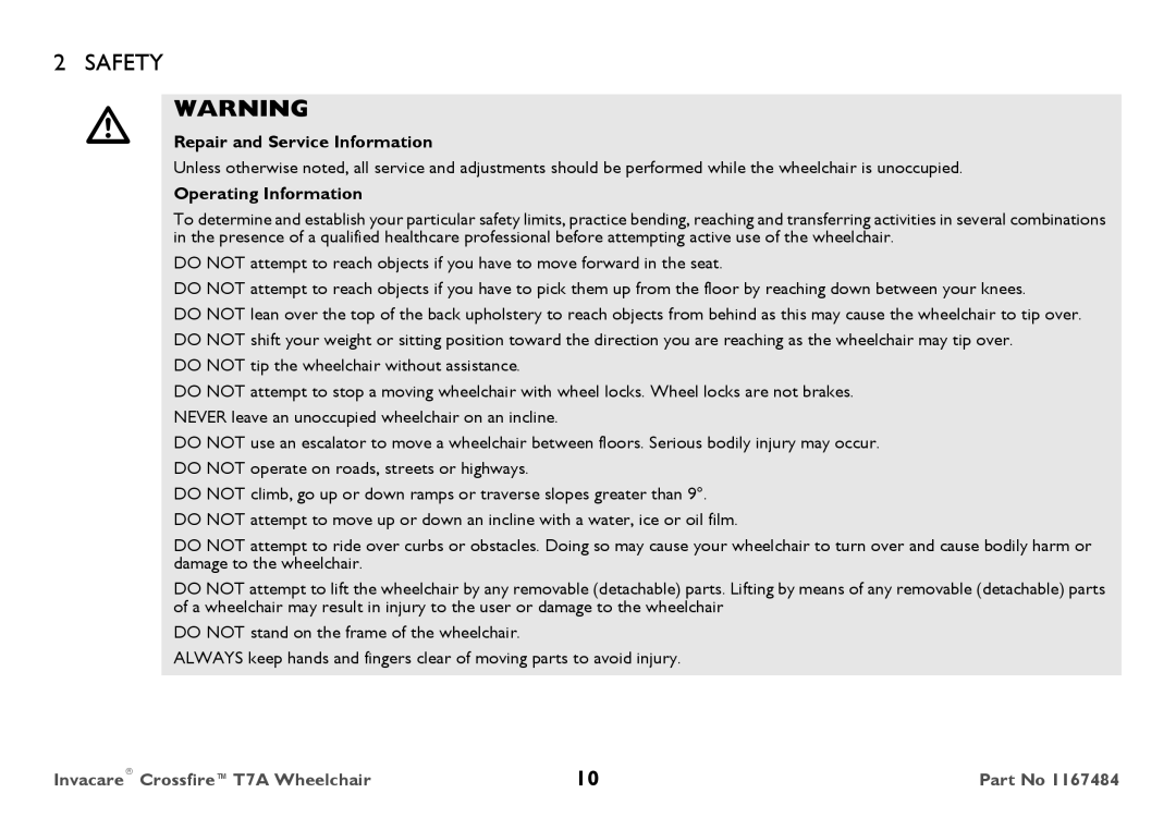 Invacare CT7A user manual Repair and Service Information, Operating Information 