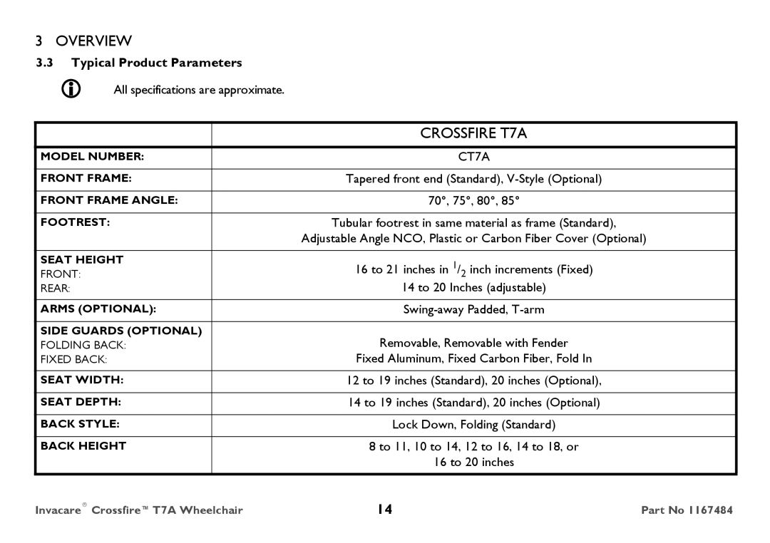 Invacare CT7A user manual Typical Product Parameters,  All specifications are approximate, 70, 75, 80 