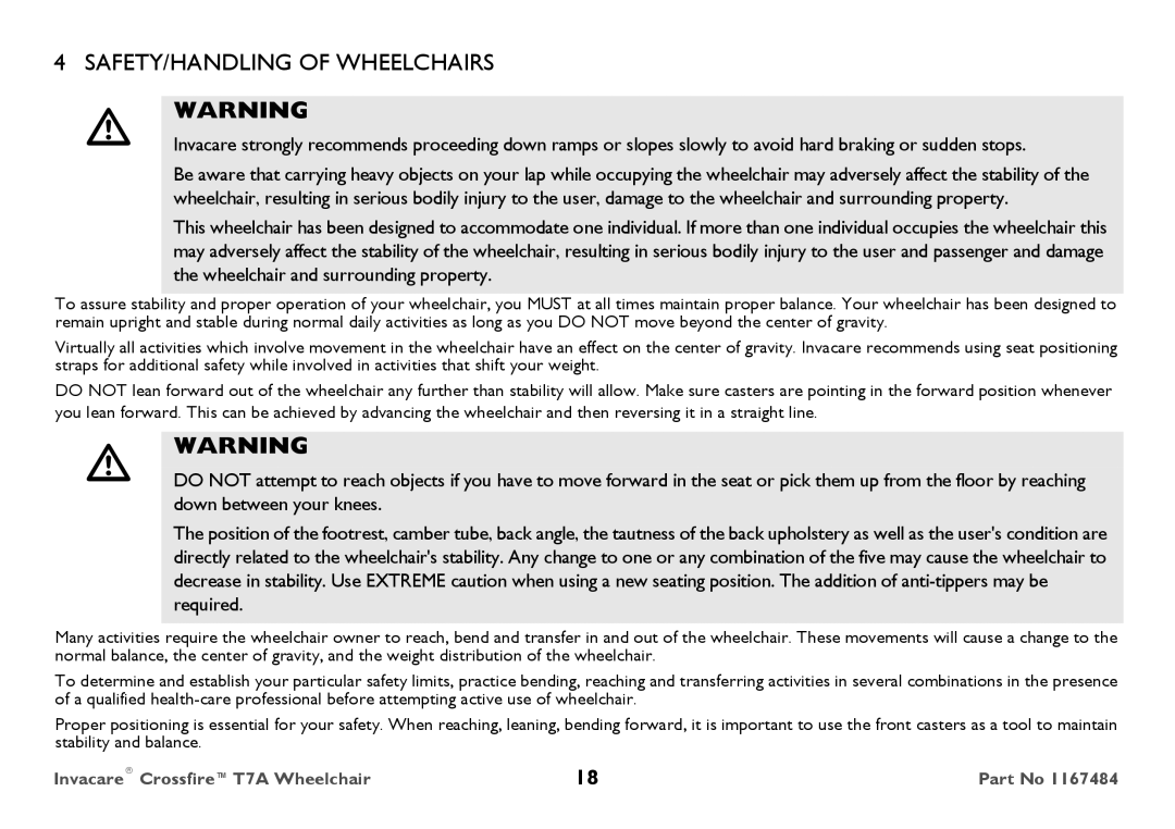 Invacare CT7A user manual SAFETY/HANDLING of Wheelchairs 