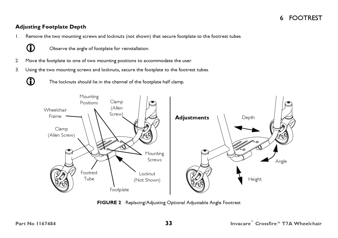 Invacare CT7A user manual Adjusting Footplate Depth, AdjustmentsDepth 