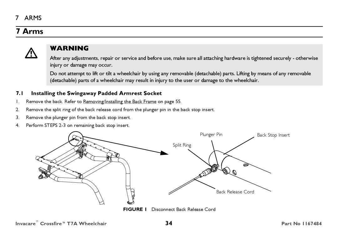 Invacare CT7A user manual Arms, Installing the Swingaway Padded Armrest Socket 