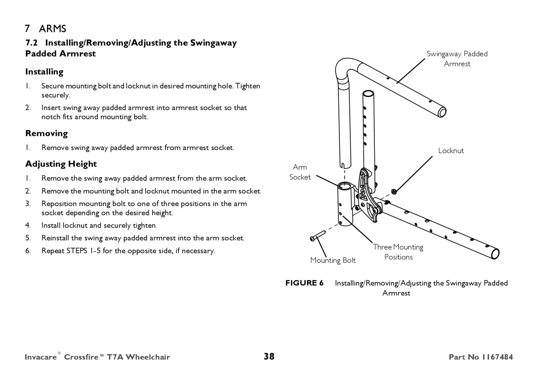 Invacare CT7A user manual Installing/Removing/Adjusting the Swingaway Padded Armrest, Adjusting Height 