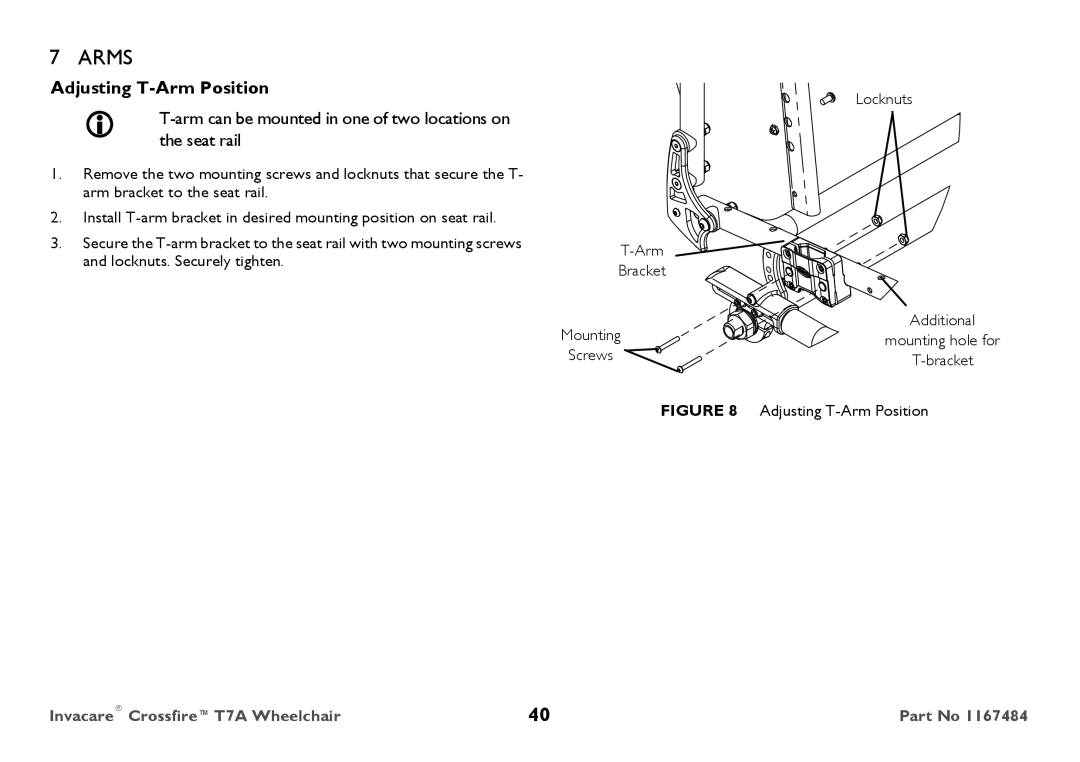 Invacare CT7A user manual Adjusting T-Arm Position 