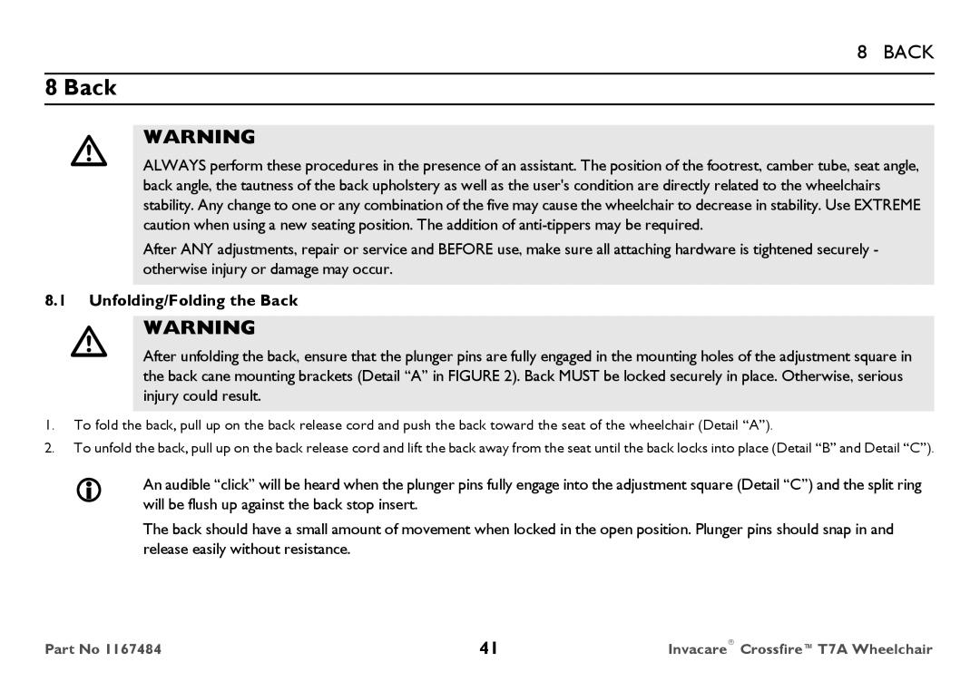 Invacare CT7A user manual Unfolding/Folding the Back 