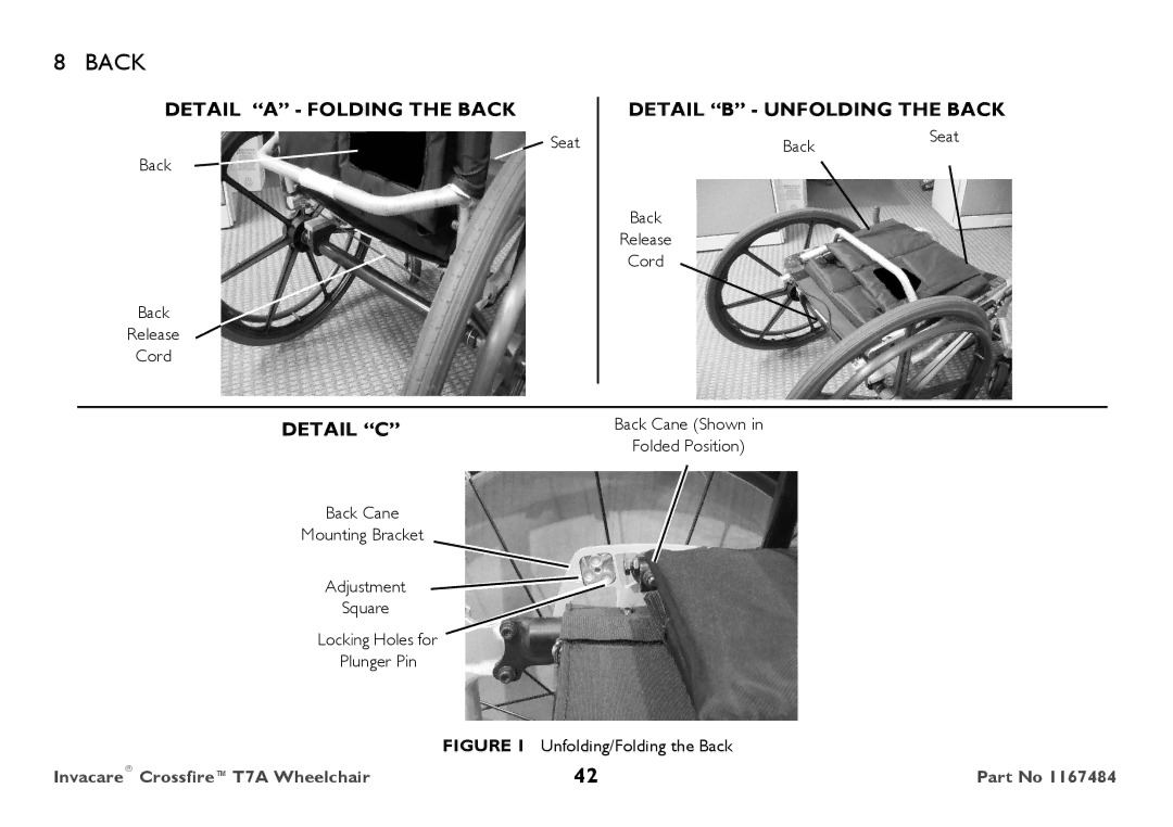 Invacare CT7A user manual Detail a Folding the Back Detail B Unfolding the Back, Detail C 