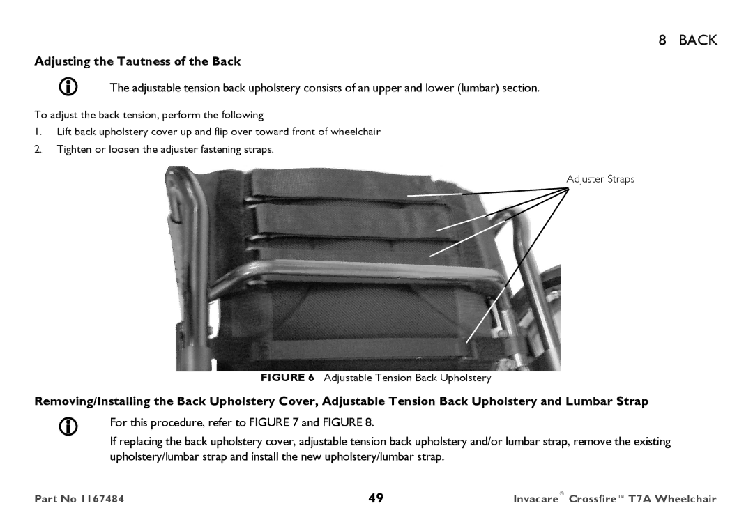 Invacare CT7A user manual Adjusting the Tautness of the Back, Adjustable Tension Back Upholstery 