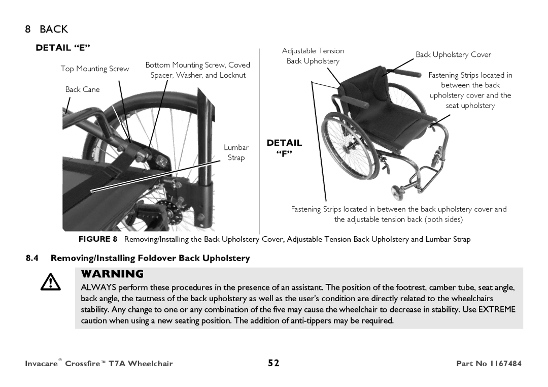 Invacare CT7A user manual Detail E, Removing/Installing Foldover Back Upholstery 