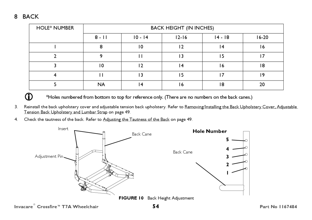 Invacare CT7A user manual Hole Number, Back Cane 