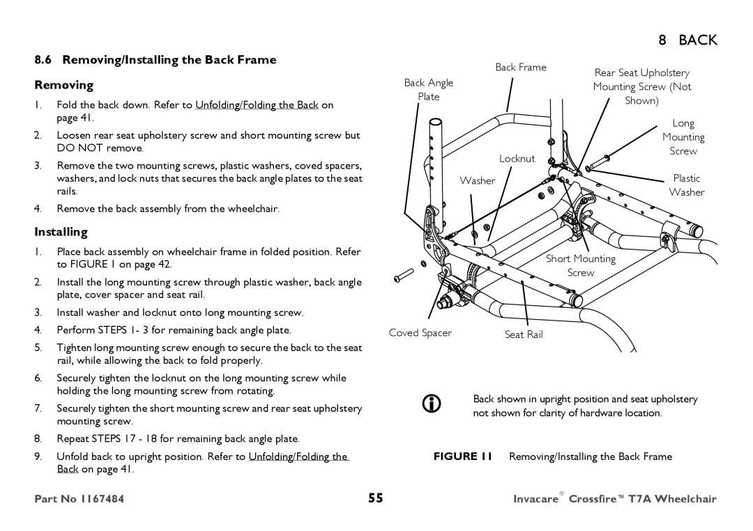 Invacare CT7A user manual Removing/Installing the Back Frame 