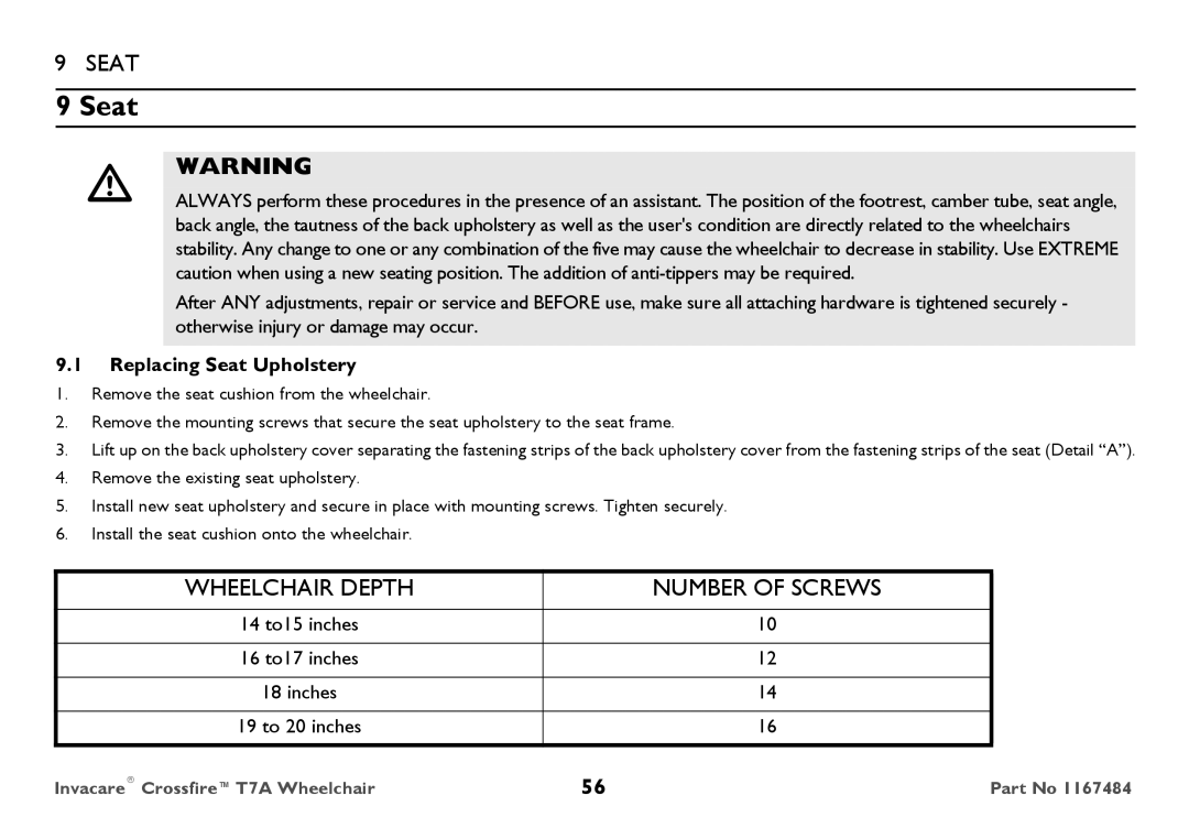 Invacare CT7A user manual Replacing Seat Upholstery 