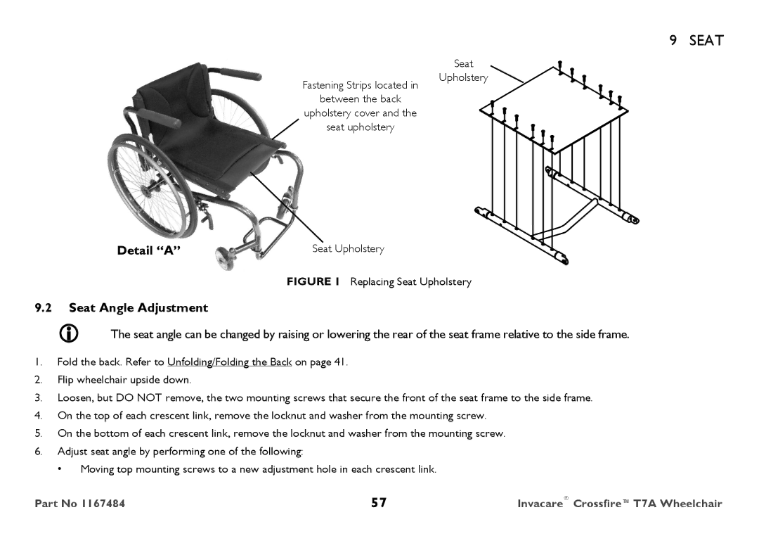 Invacare CT7A user manual Detail a, Seat Angle Adjustment 