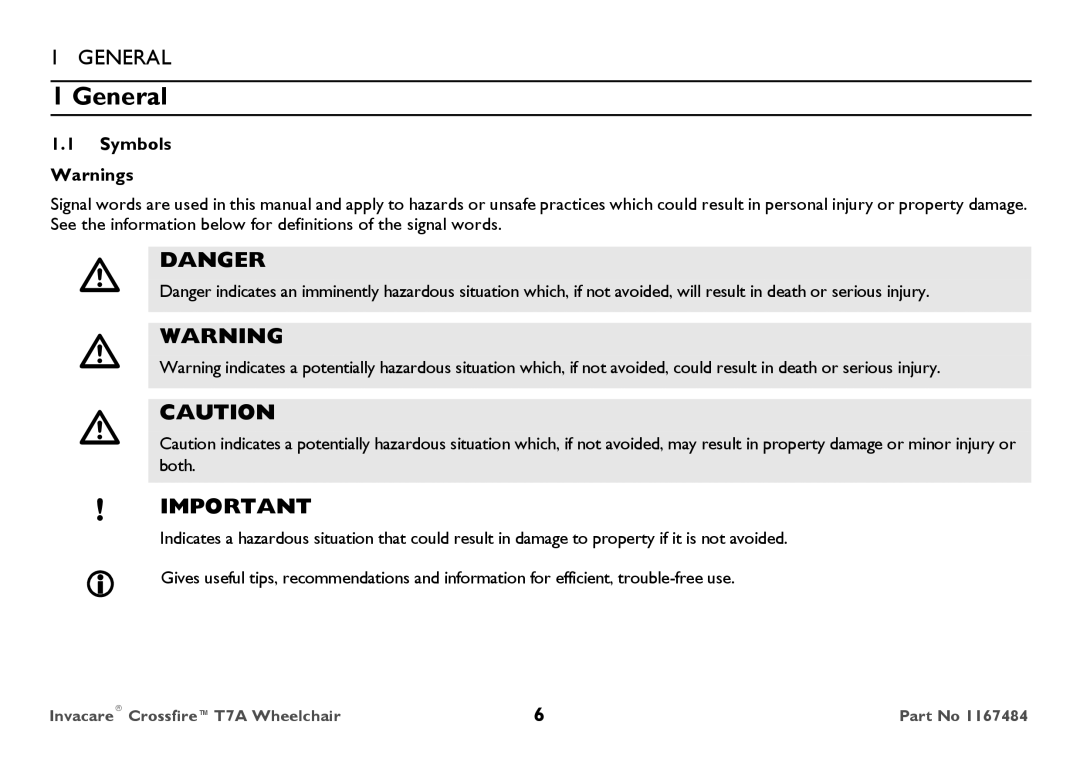 Invacare CT7A user manual General, Symbols 