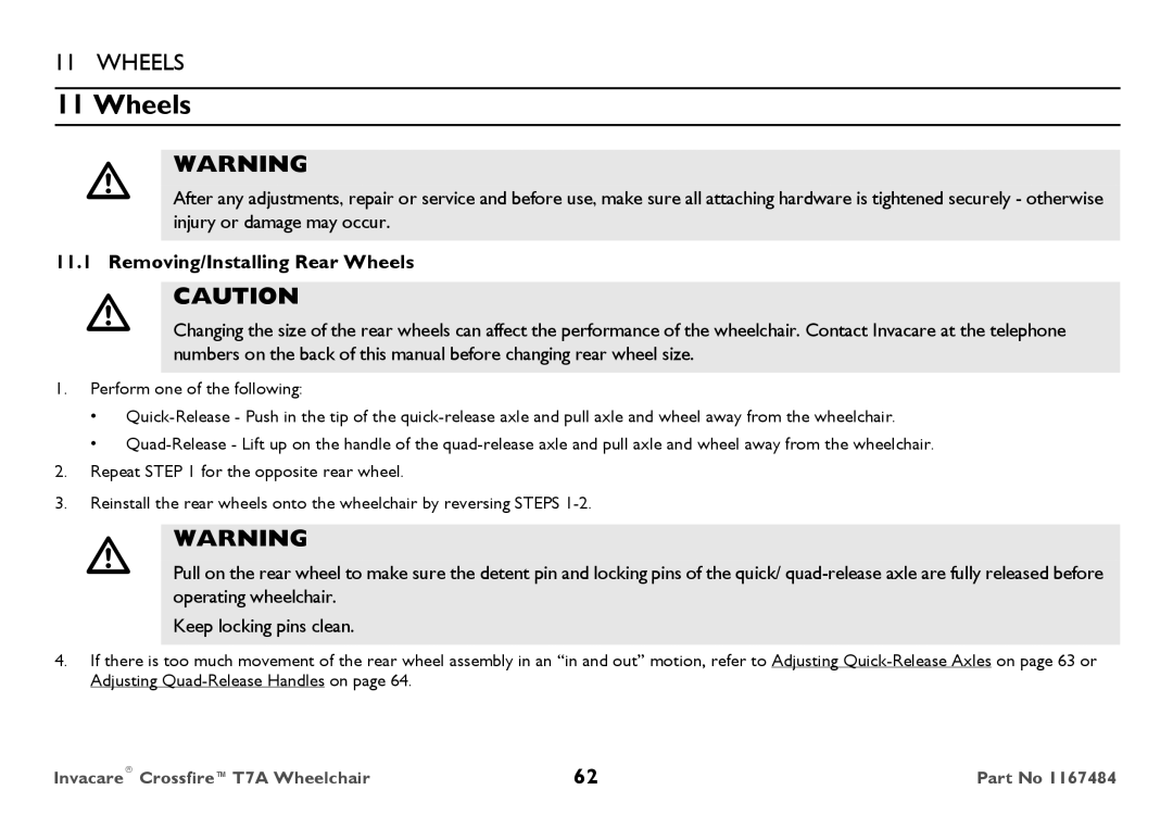 Invacare CT7A user manual Removing/Installing Rear Wheels 