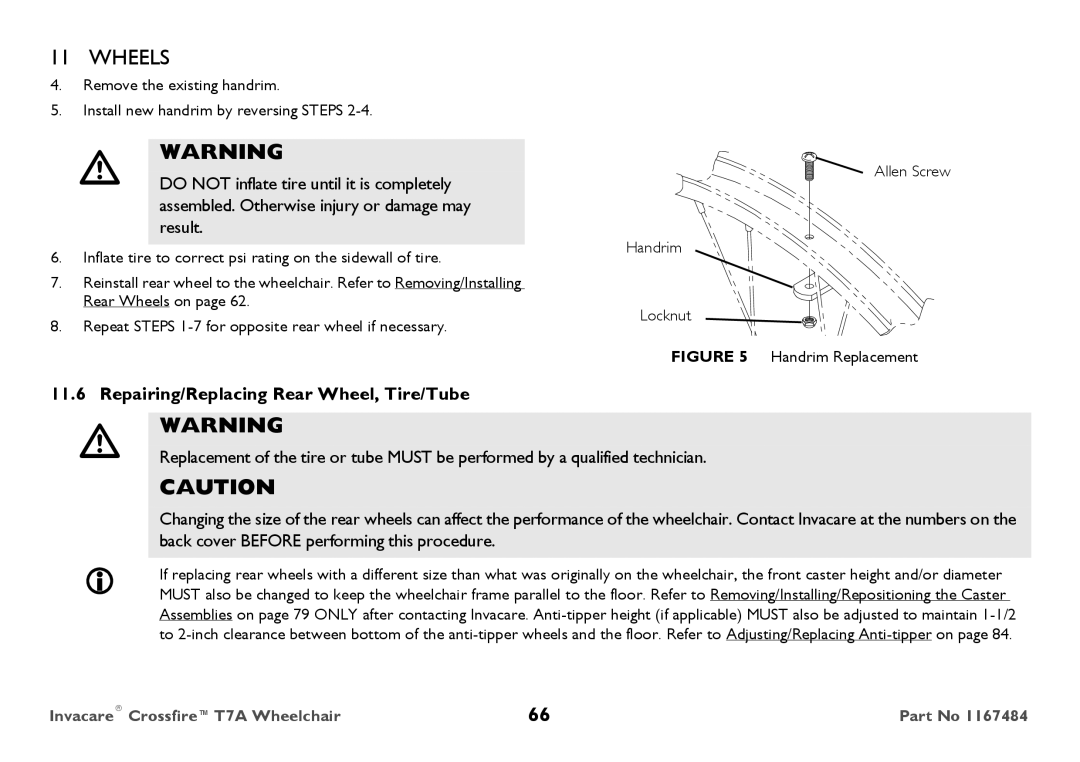 Invacare CT7A user manual Repairing/Replacing Rear Wheel, Tire/Tube, Handrim Replacement 