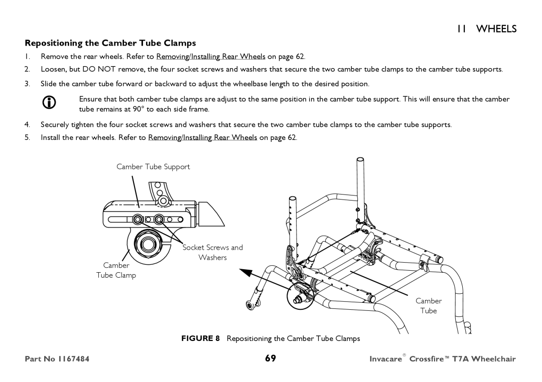 Invacare CT7A user manual Repositioning the Camber Tube Clamps 