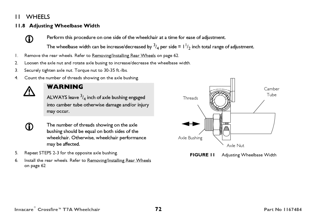 Invacare CT7A user manual Adjusting Wheelbase Width 