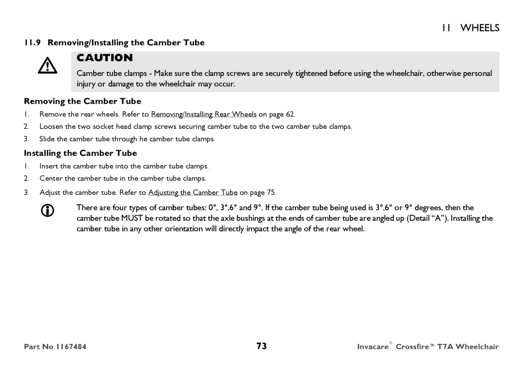 Invacare CT7A user manual Removing/Installing the Camber Tube, Removing the Camber Tube 