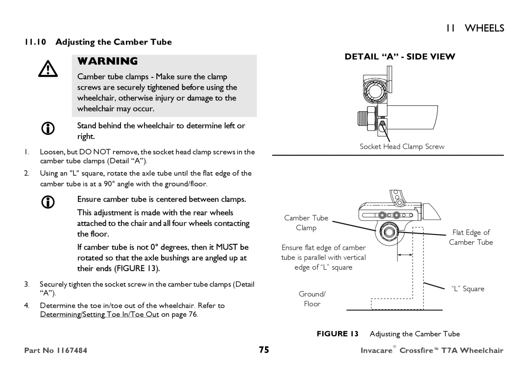 Invacare CT7A Adjusting the Camber Tube,  Standright. behind the wheelchair to determine left or, Detail a Side View 