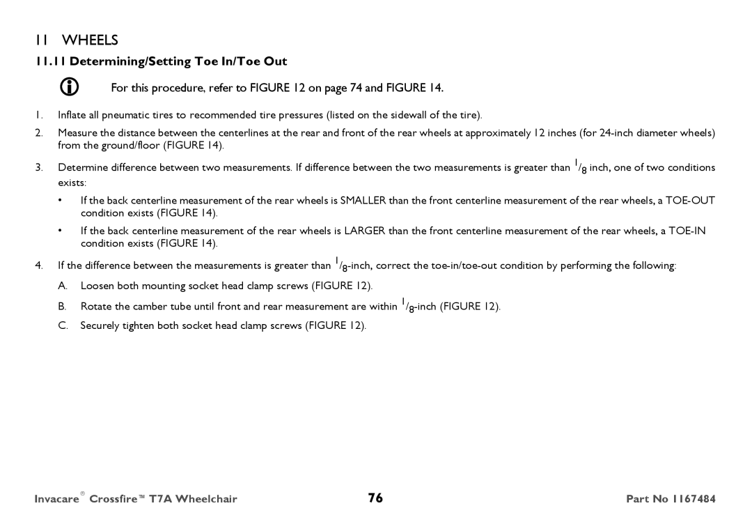 Invacare CT7A user manual Determining/Setting Toe In/Toe Out,  For this procedure, refer to on page 74 and Figure 