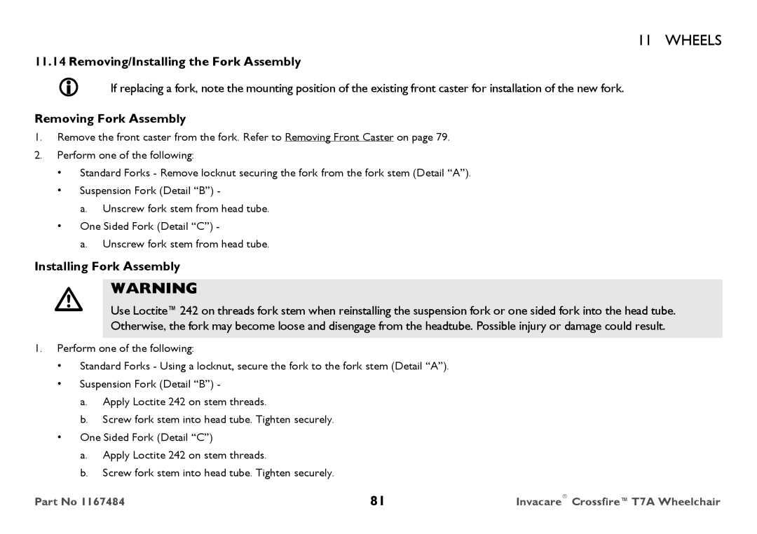 Invacare CT7A user manual Removing/Installing the Fork Assembly, Removing Fork Assembly, Installing Fork Assembly 