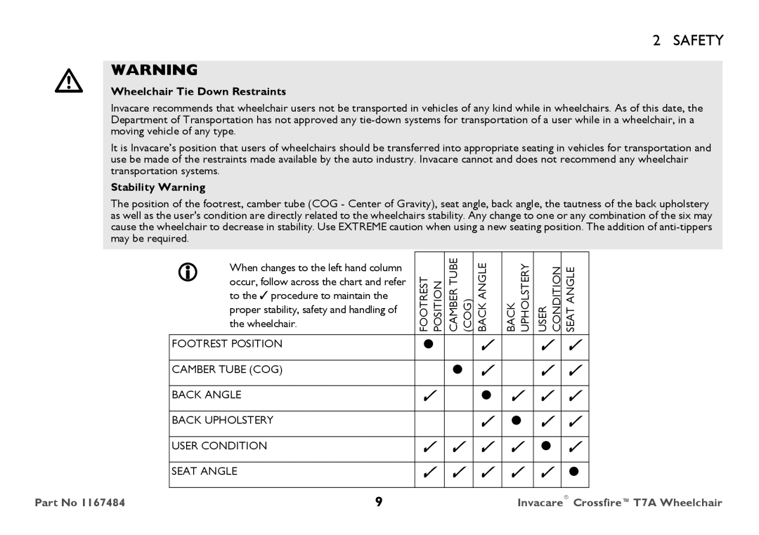 Invacare CT7A user manual Wheelchair Tie Down Restraints, Stability Warning 