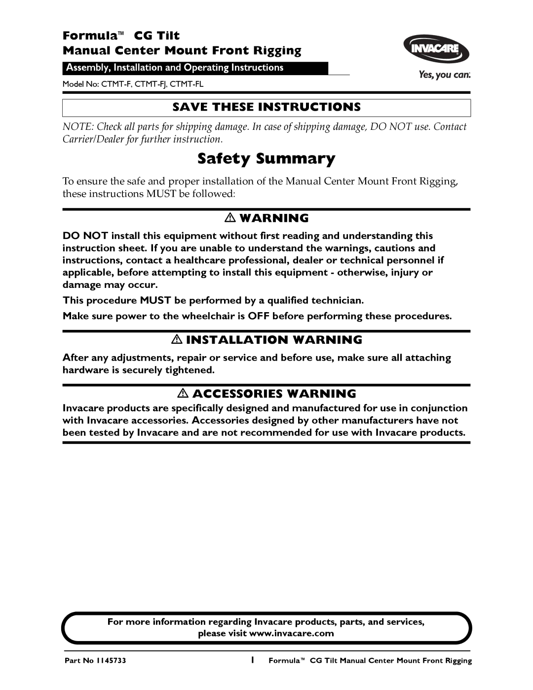 Invacare CTMT-FJ, CTMT-FL instruction sheet Safety Summary, Installation Warning 