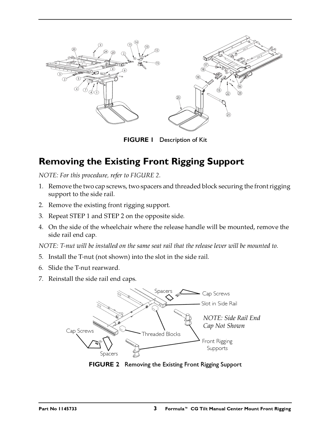 Invacare CTMT-FJ, CTMT-FL instruction sheet Removing the Existing Front Rigging Support, Cap Not Shown 