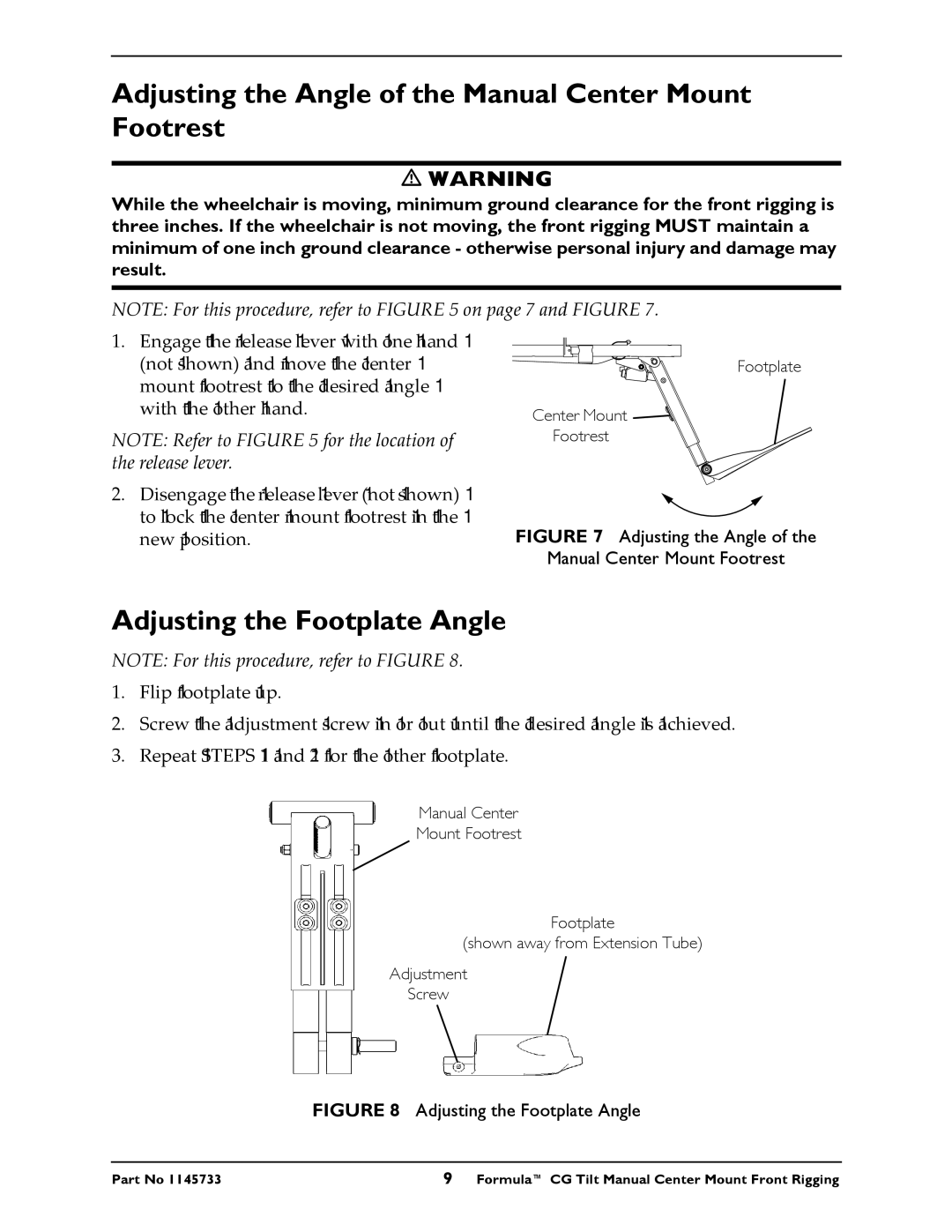 Invacare CTMT-FJ, CTMT-FL Adjusting the Angle of the Manual Center Mount Footrest, Adjusting the Footplate Angle 