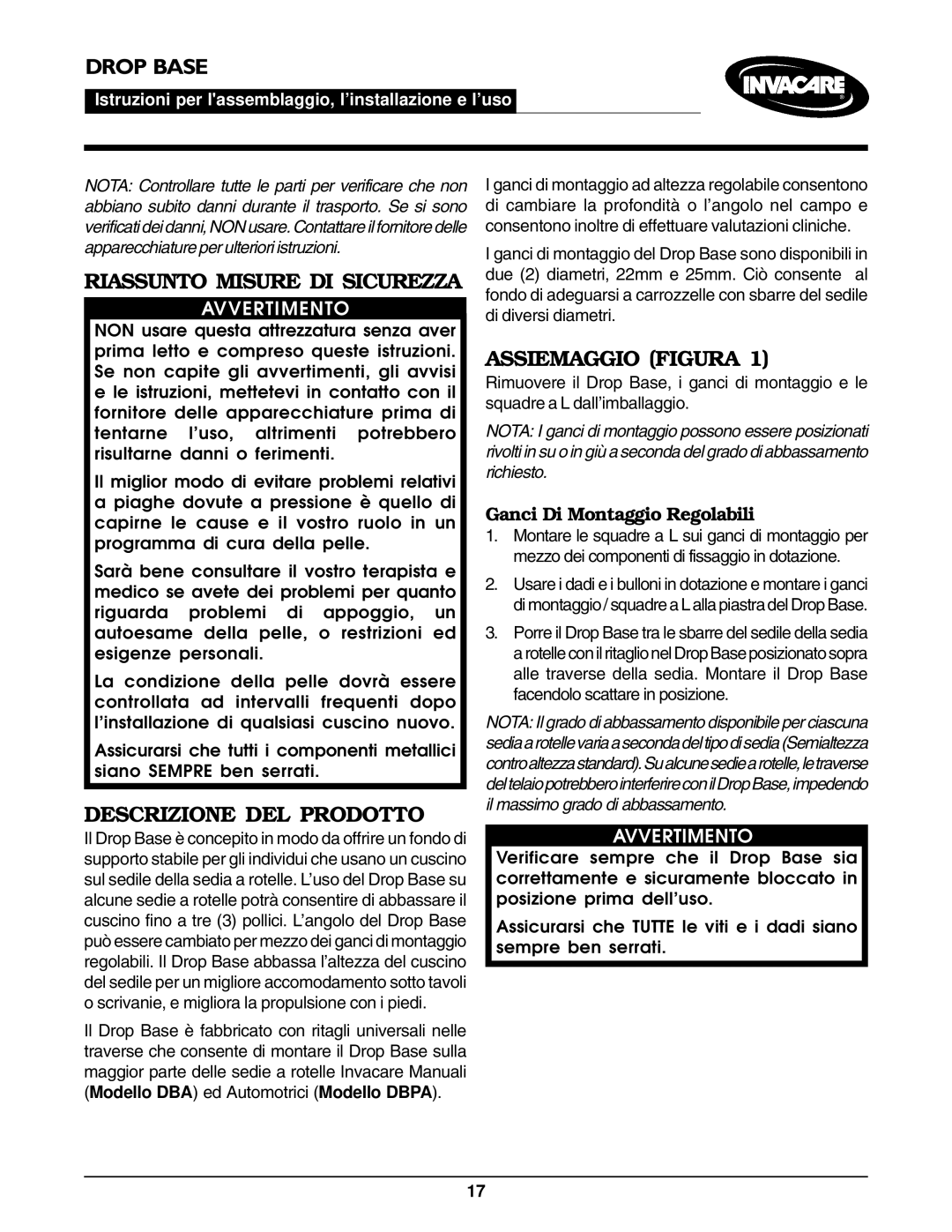 Invacare DBPA, DBA manual Riassunto Misure DI Sicurezza, Descrizione DEL Prodotto, Assiemaggio Figura, Avvertimento 