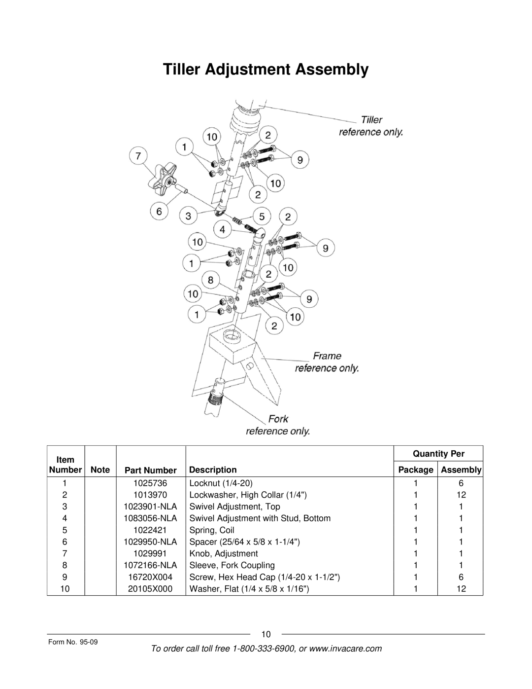 Invacare Discontinued 1/00 manual Tiller Adjustment Assembly 