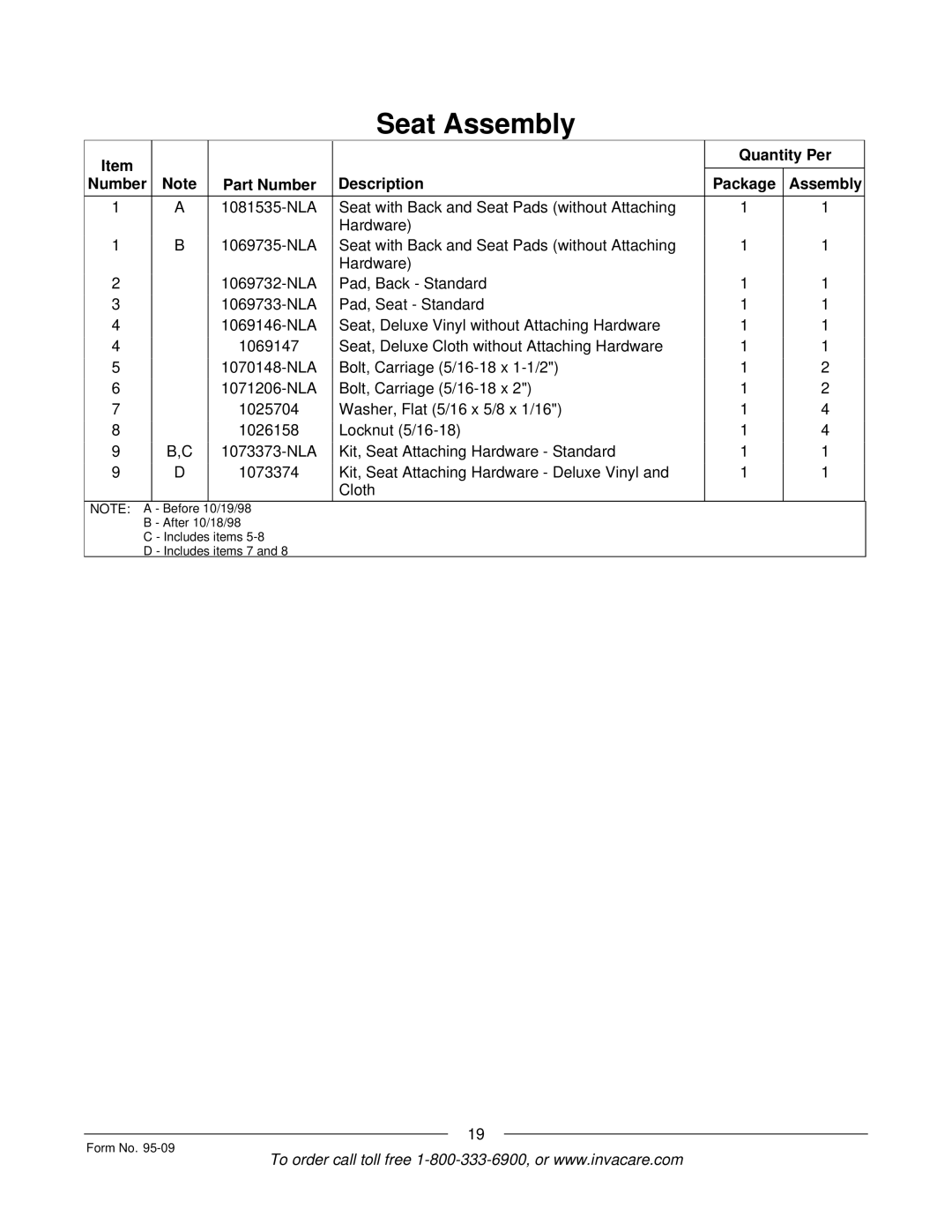 Invacare Discontinued 1/00 manual Cloth 