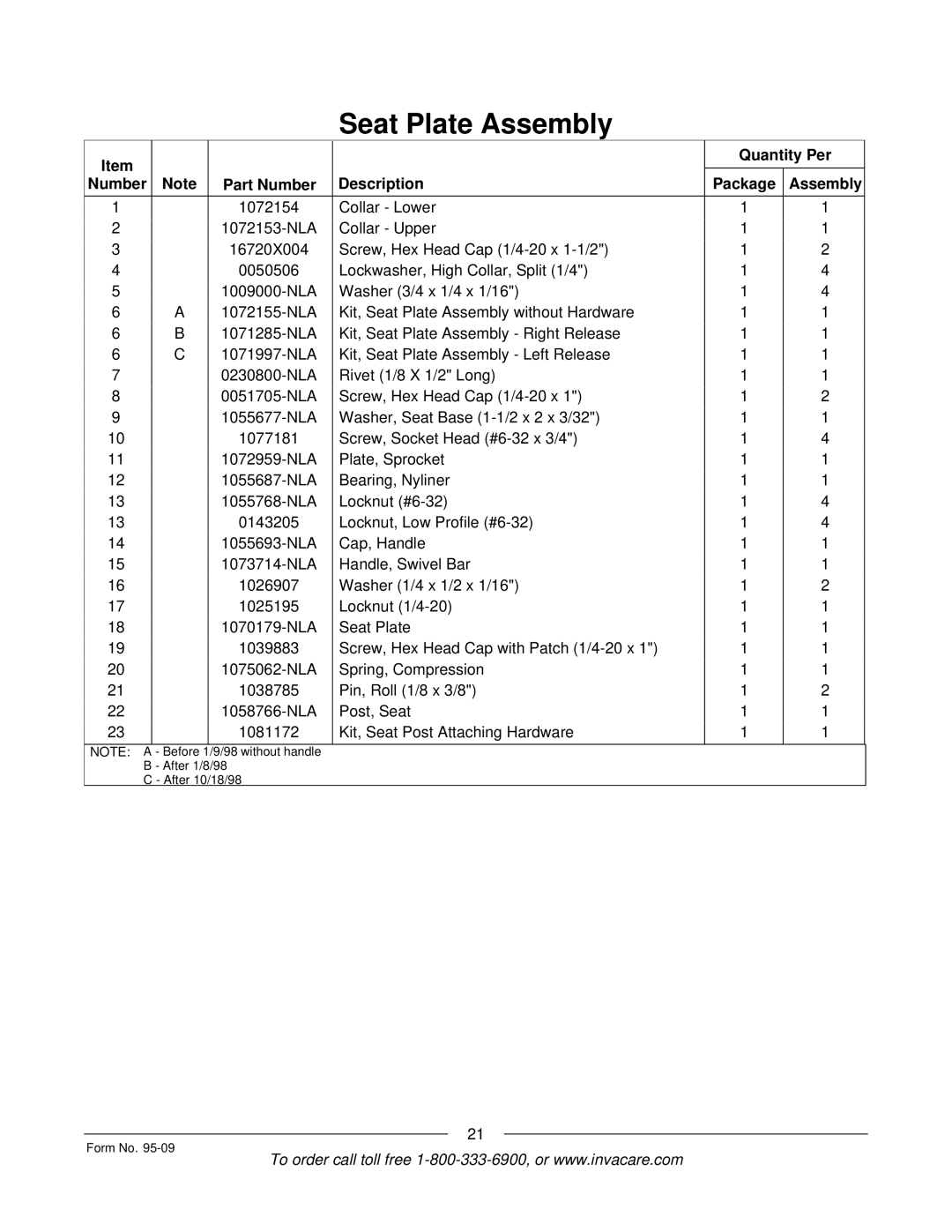 Invacare Discontinued 1/00 manual Before 98 without handle After 1/8/98 After 10/18/98 Form No 