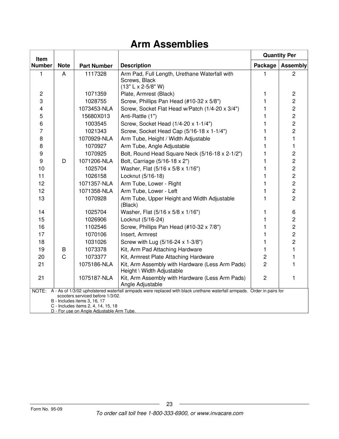 Invacare Discontinued 1/00 manual Arm Assemblies 