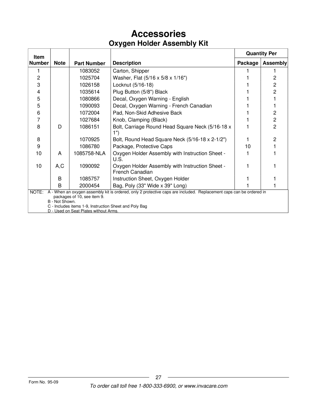 Invacare Discontinued 1/00 manual When an oxygen assembly kit 