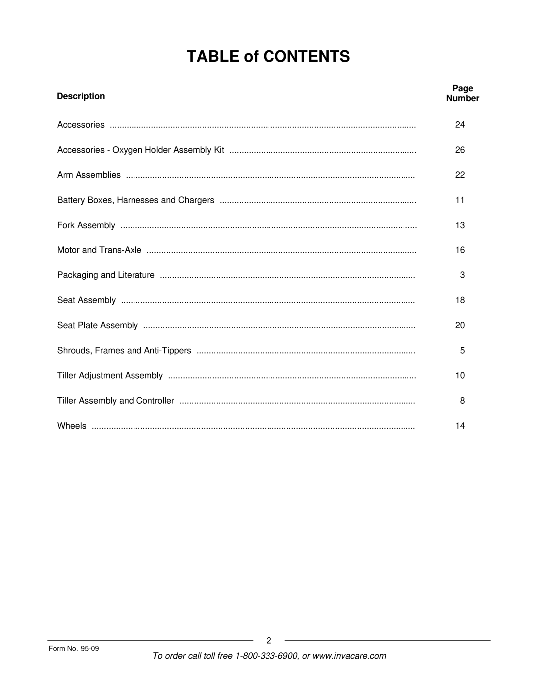 Invacare Discontinued 1/00 manual Table of Contents 